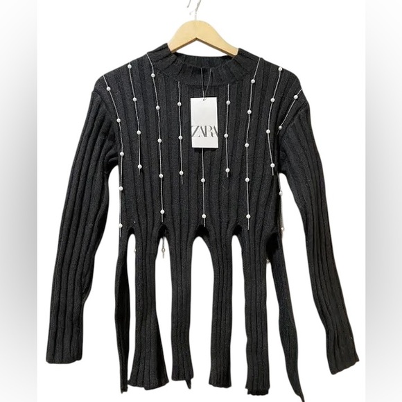 Zara Fringed Pearl Knit Wool Blend Sweater - Picture 9 of 16